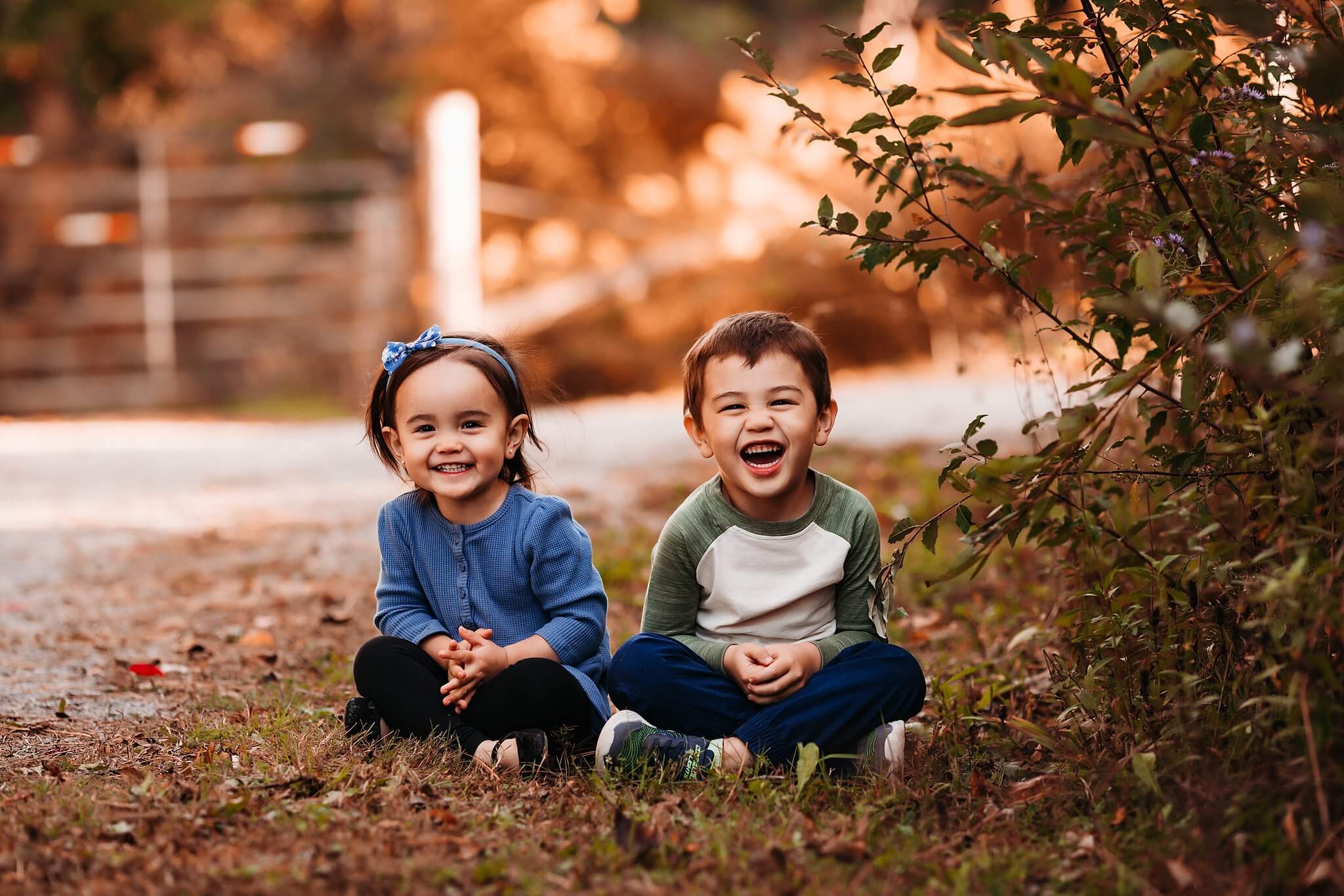 Young children, Brother and sister, sitting on the grass amongst fall colors and laughing at the camera