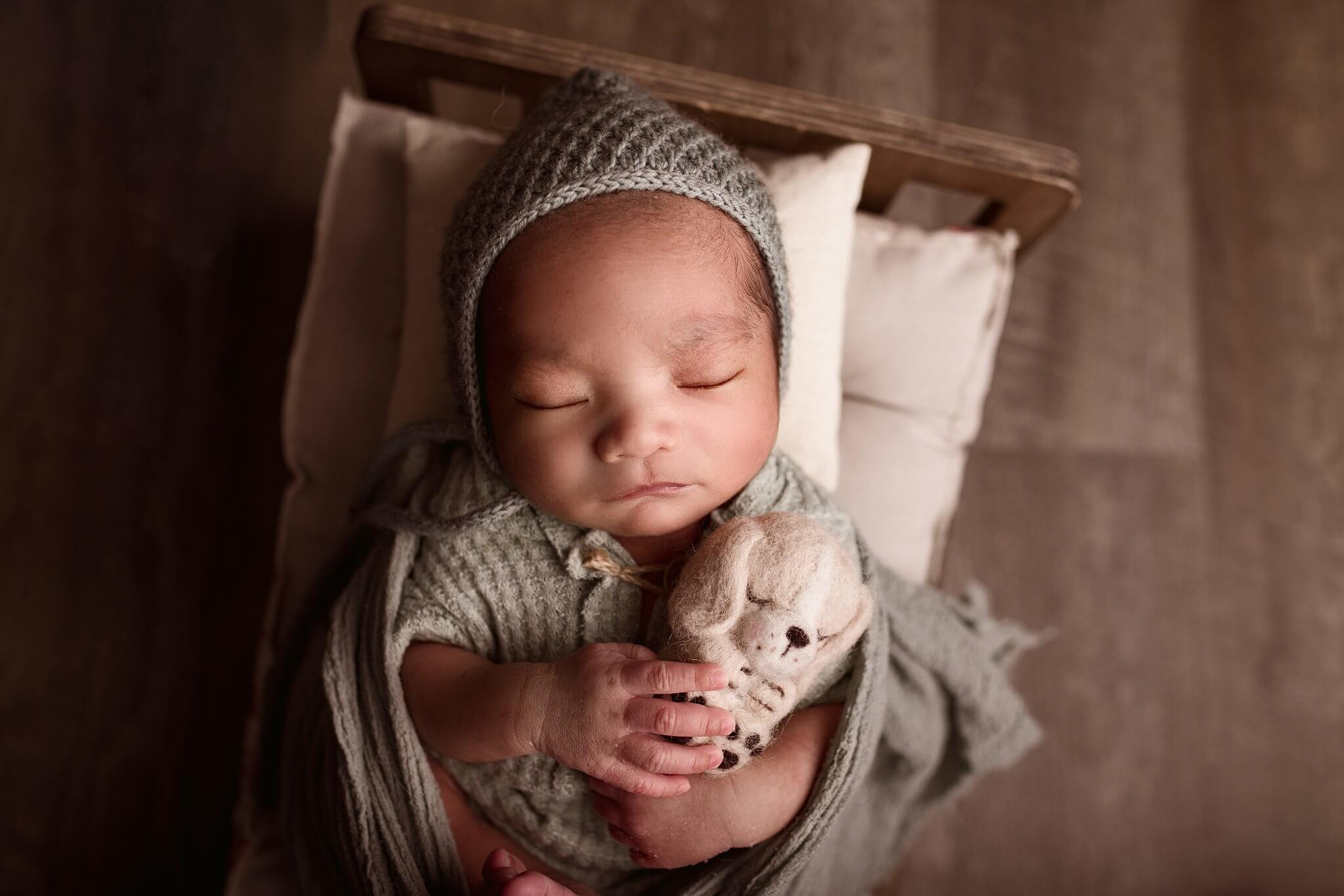 Newborn baby boy in sage outfit and bonnet on a tiny bed holding a tiny felted dog stuffy