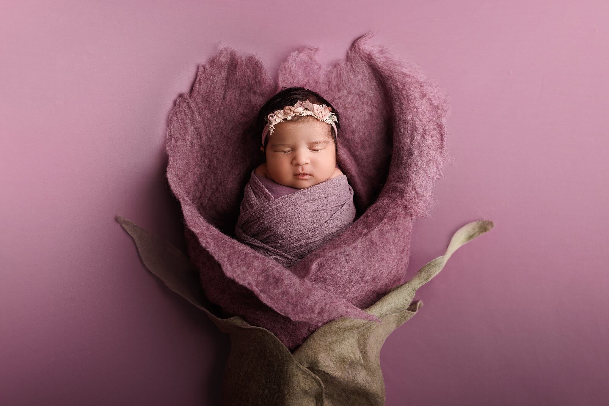 Newborn baby girl in a lavender flower on lavender fabric
