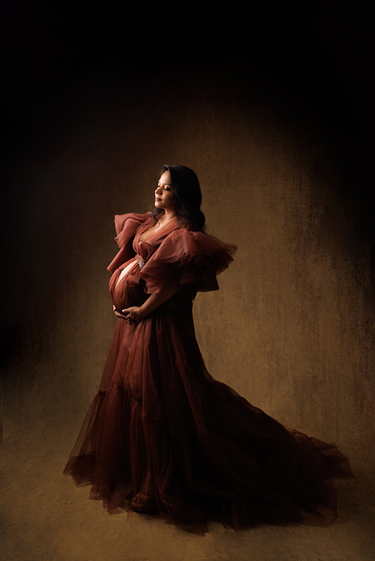 Toronto Maternity Picture of a woman in a rust tulle maternity gown on a gold backdrop